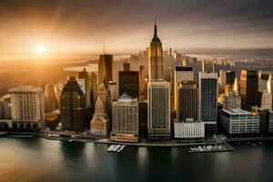 de zon stijgt over- nieuw york stad horizon. ai-gegenereerd foto