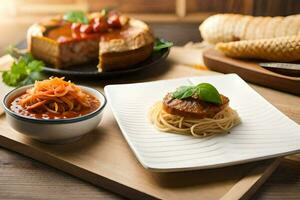 een houten tafel met een bord van spaghetti en brood. ai-gegenereerd foto