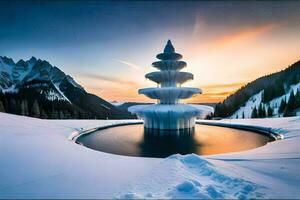een fontein in de sneeuw met een zonsondergang achter het. ai-gegenereerd foto