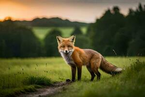 een vos staat in een veld- Bij zonsondergang. ai-gegenereerd foto