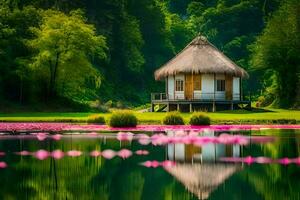 een klein hut is omringd door roze lotus bloemen. ai-gegenereerd foto