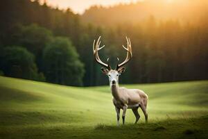 een hert met gewei staat in de midden- van een veld. ai-gegenereerd foto