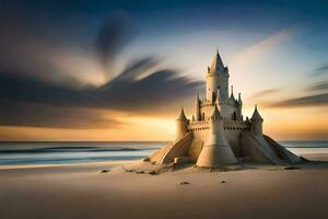een zand kasteel Aan de strand Bij zonsondergang. ai-gegenereerd foto