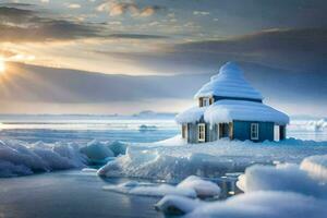 een huis Aan ijs in de midden- van de oceaan. ai-gegenereerd foto