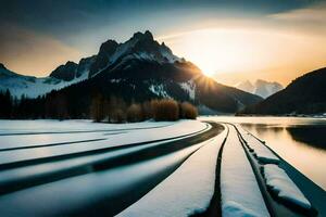 een rivier- stromen door een besneeuwd landschap Bij zonsondergang. ai-gegenereerd foto