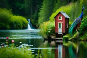 Pauw in voorkant van een huis door de water. ai-gegenereerd foto