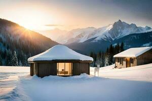twee yurts zitten Aan top van een besneeuwd berg. ai-gegenereerd foto