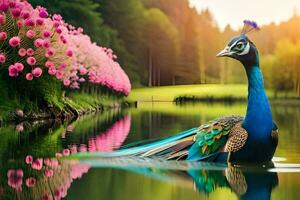 een Pauw is staand in de water met roze bloemen. ai-gegenereerd foto