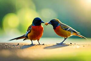 twee kleurrijk vogelstand staand Aan de grond met hun snavels open. ai-gegenereerd foto