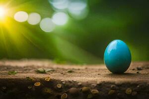een blauw ei Aan de grond met zonlicht schijnend door de bomen. ai-gegenereerd foto