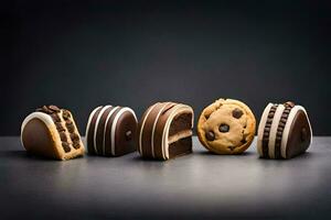 chocola koekjes en chocola spaander koekjes Aan een donker achtergrond. ai-gegenereerd foto