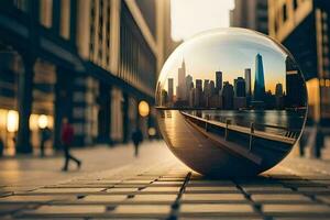 een stadsgezicht is weerspiegeld in een glas bal. ai-gegenereerd foto