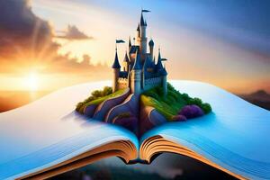 een kasteel is getoond Aan top van een Open boek. ai-gegenereerd foto