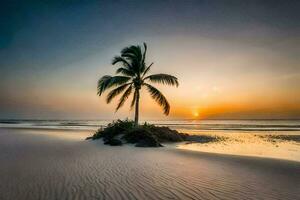 de zonsondergang Aan de strand met palm boom. ai-gegenereerd foto