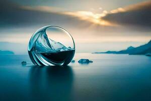 een glas bal met water in het zittend Aan de water. ai-gegenereerd foto