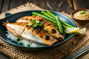 gegrild vis met rijst- en groen bonen Aan een bord. ai-gegenereerd foto