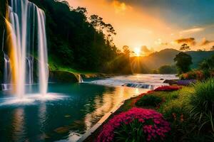 de zon stijgt over- een waterval in de oerwoud. ai-gegenereerd foto