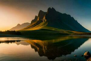 de zon stijgt over- een berg reeks in IJsland. ai-gegenereerd foto