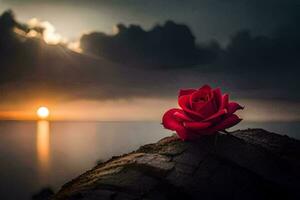 een rood roos zit Aan een rots in voorkant van de zonsondergang. ai-gegenereerd foto