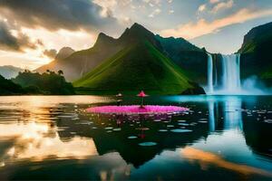 een waterval en een meer met roze bloemen. ai-gegenereerd foto