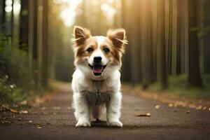 een hond staand Aan een weg in de bossen. ai-gegenereerd foto