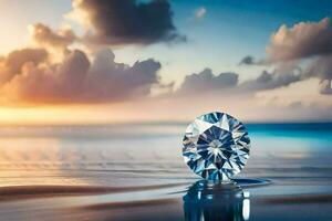 een diamant zittend Aan de strand Bij zonsondergang. ai-gegenereerd foto