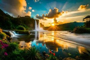 de zon stijgt over- een waterval in de oerwoud. ai-gegenereerd foto