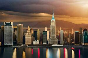 de nieuw york stad horizon Bij zonsondergang. ai-gegenereerd foto