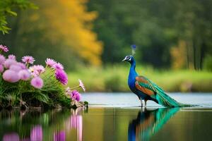 een Pauw staand in de water met bloemen. ai-gegenereerd foto