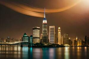 de Manhattan horizon Bij nacht. ai-gegenereerd foto