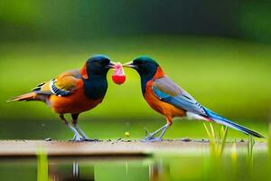 twee kleurrijk vogelstand staand Aan een houten platform. ai-gegenereerd foto