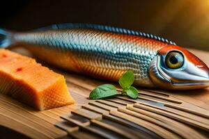 een vis is zittend Aan een snijdend bord met een mes. ai-gegenereerd foto