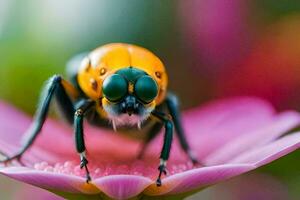 een dichtbij omhoog van een kever Aan een bloem. ai-gegenereerd foto