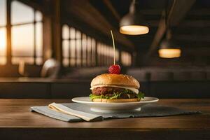 een Hamburger Aan een bord met een kers Aan top. ai-gegenereerd foto