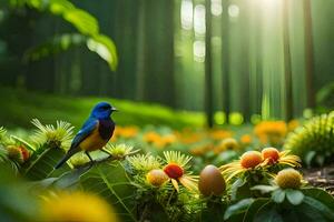 een blauw vogel is zittend Aan een boom Afdeling omringd door bloemen. ai-gegenereerd foto