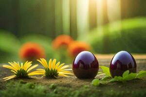 twee eieren zijn zittend Aan de gras met bloemen. ai-gegenereerd foto