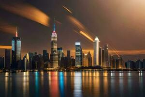 de stad horizon Bij nacht met lichten reflecterend uit de water. ai-gegenereerd foto