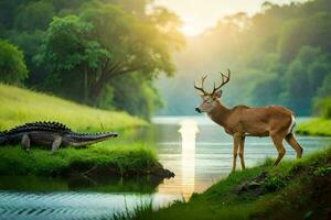 een hert en een alligator in de oerwoud. ai-gegenereerd foto