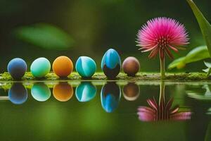 kleurrijk eieren zijn bekleed omhoog Aan een Afdeling met een bloem. ai-gegenereerd foto