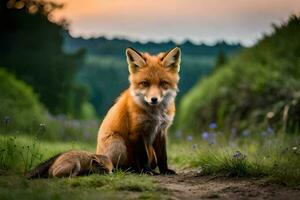 een vos en haar welp in de bossen. ai-gegenereerd foto