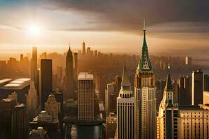 de zon sets over- de stad horizon in nieuw york. ai-gegenereerd foto