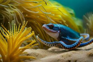 een blauw en geel Octopus is zittend Aan de zand. ai-gegenereerd foto