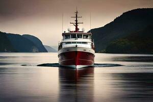 een rood en wit boot op reis Aan de water. ai-gegenereerd foto