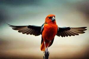 een rood vogel met haar Vleugels verspreiding uit. ai-gegenereerd foto