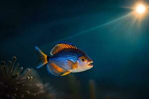 een vis in de oceaan met een helder licht schijnend Aan het. ai-gegenereerd foto