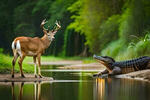een hert en een alligator staand De volgende naar een rivier. ai-gegenereerd foto