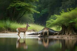 een hert en een alligator staand De volgende naar elk andere in de water. ai-gegenereerd foto