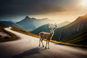 een hert staat Aan de weg in voorkant van bergen. ai-gegenereerd foto