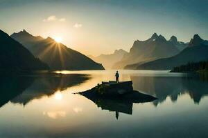 een Mens staat Aan een rots in voorkant van een meer Bij zonsondergang. ai-gegenereerd foto