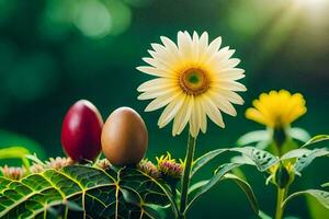 twee eieren en een bloem zijn Aan een groen achtergrond. ai-gegenereerd foto